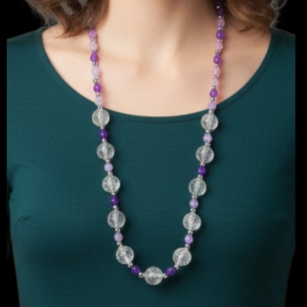 Handmade Fashion Jewelry 24" Purple & Iridescent White Chunky Beaded Necklace